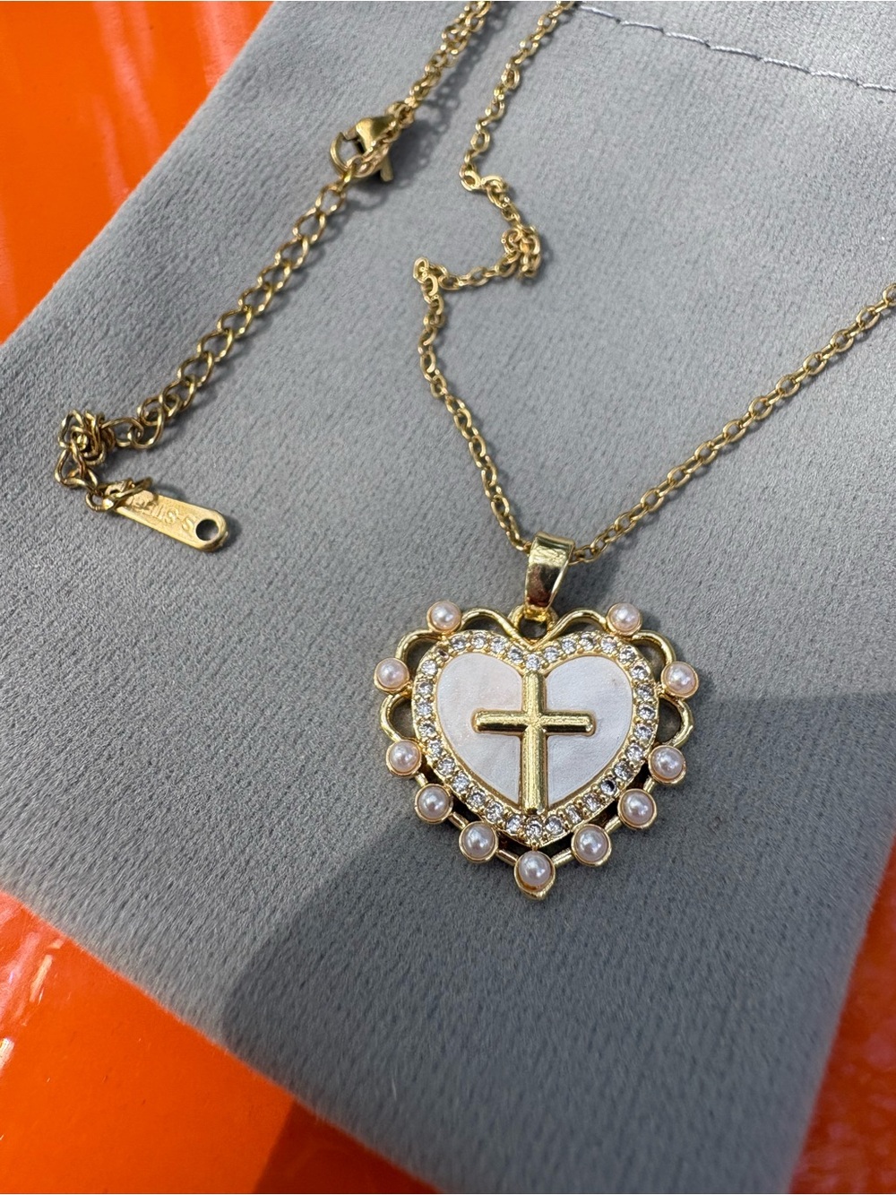 Gold Heart Pendant Necklace with Cross and Pearl Accent - Picture 4 of 7
